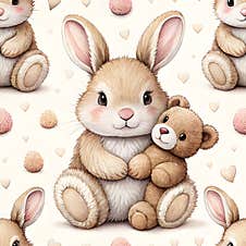 Cute Bunny Rabbit Seamless Watercolor Cute Baby Bunny Rabbit Cuddling With Teddy Bear, Surrounded By Hearts Royalty Free Stock Image