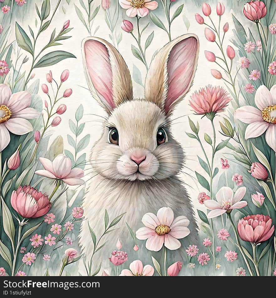 cute bunny rabbit seamless watercolor cute baby bunny rabbit surrounded by colorful flowers and greenery