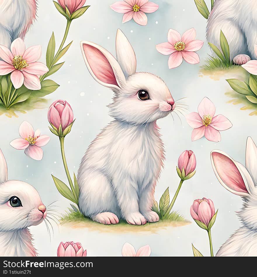 cute bunny rabbit seamless watercolor cute baby bunny rabbit surrounded by pink flowers in seamless pattern