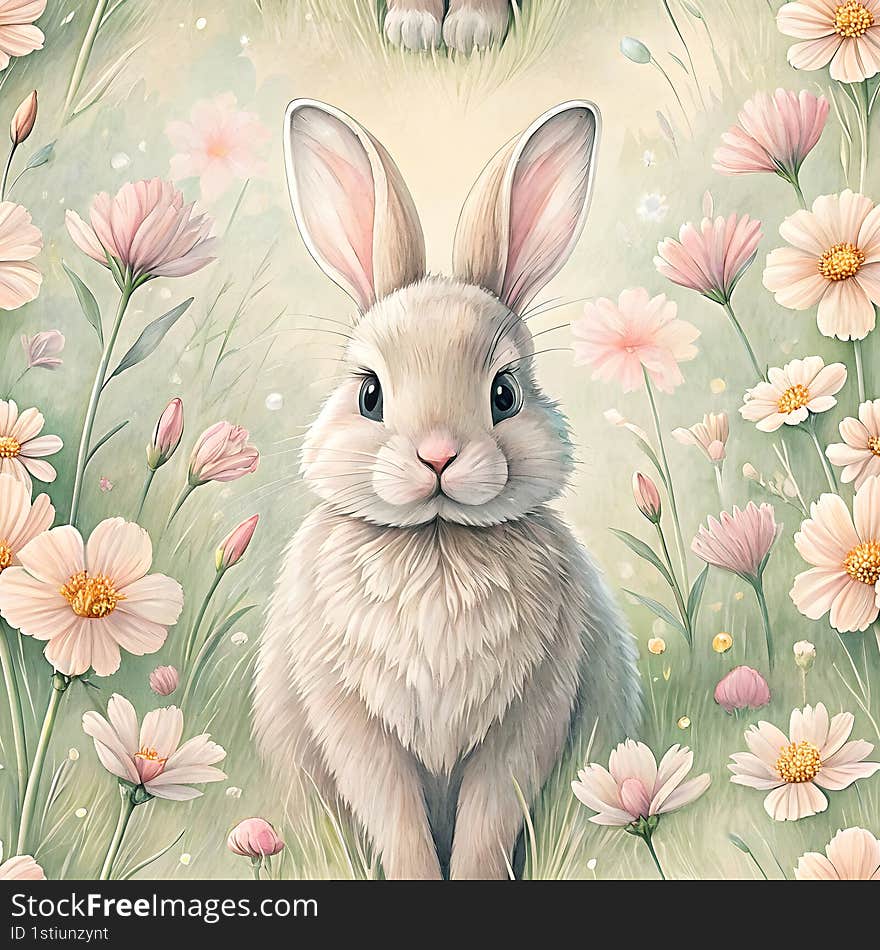 cute bunny rabbit seamless watercolor cute bunny rabbit sitting in meadow surrounded by flowers, exuding charm and tranquility