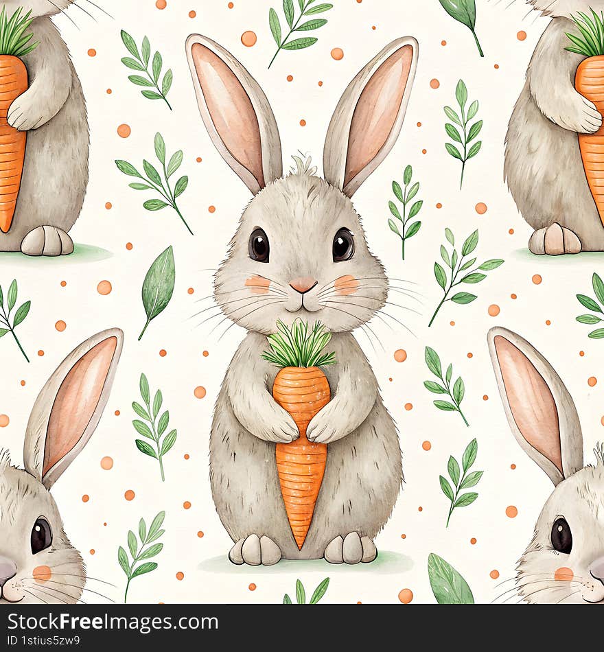 cute bunny rabbit seamless watercolor Adorable bunny rabbit holding carrot in seamless pattern design