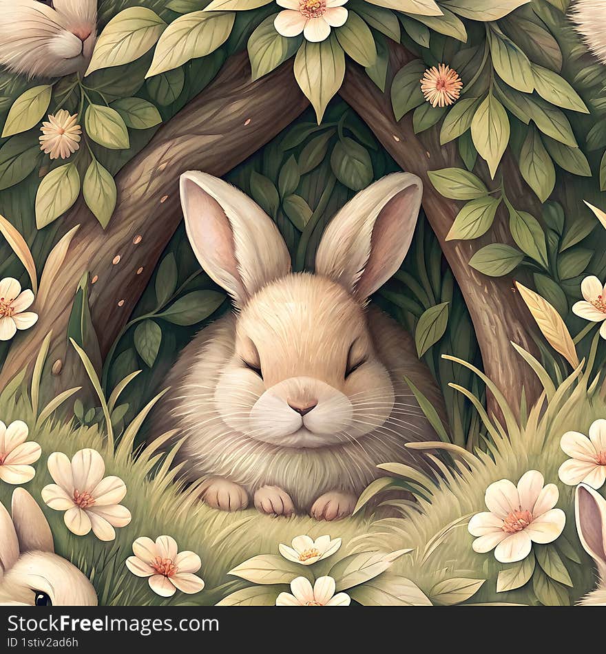 cute bunny rabbit seamless watercolor fluffy bunny rabbit sleeping peacefully under tree surrounded by flowers