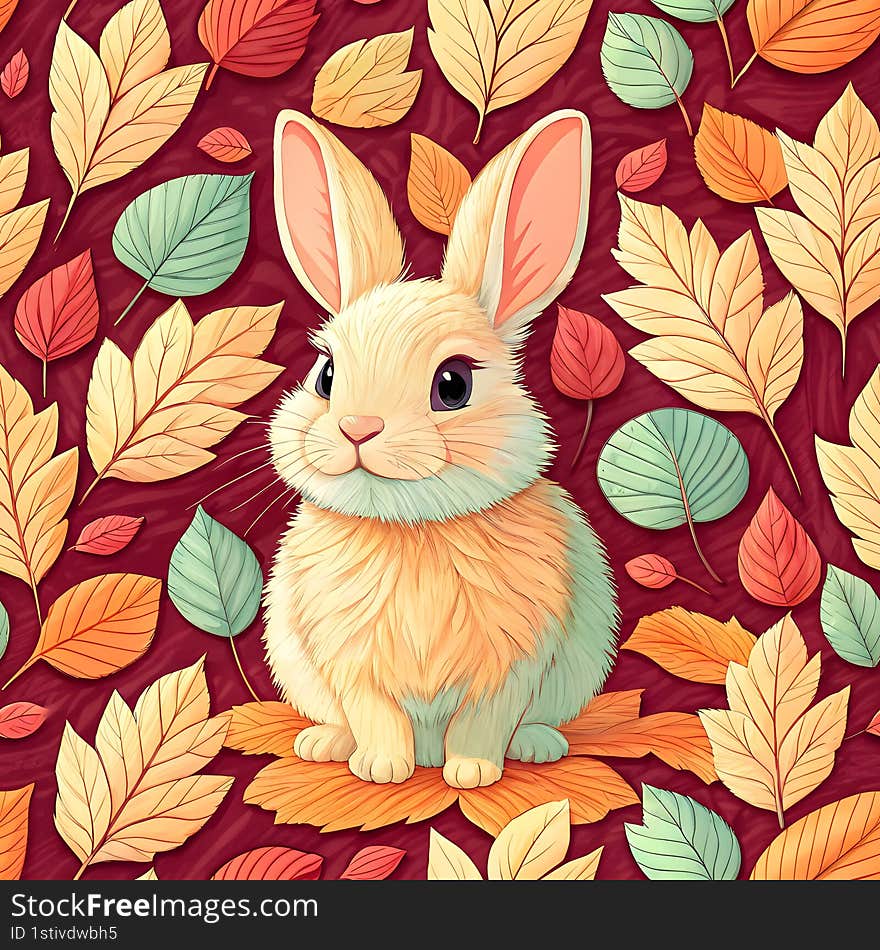 cute bunny rabbit seamless watercolor fluffy bunny rabbit surrounded by colorful falling leaves, evoking warmth and joy