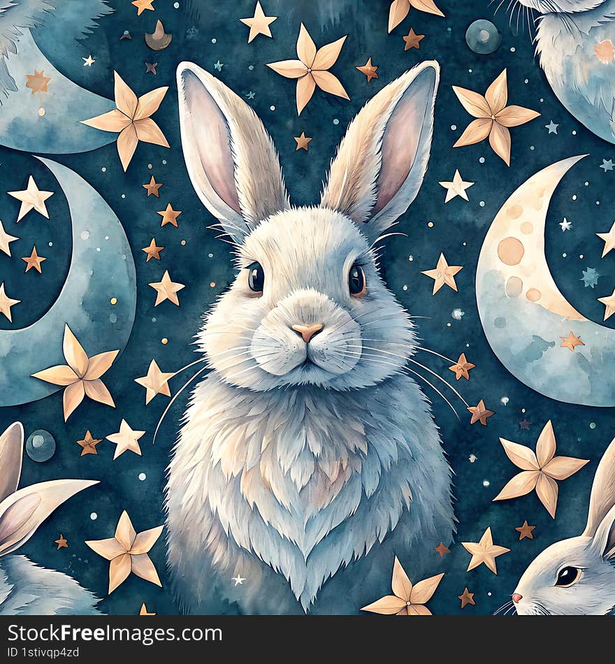 cute bunny rabbit seamless watercolor fluffy bunny rabbit surrounded by stars and moon in whimsical design