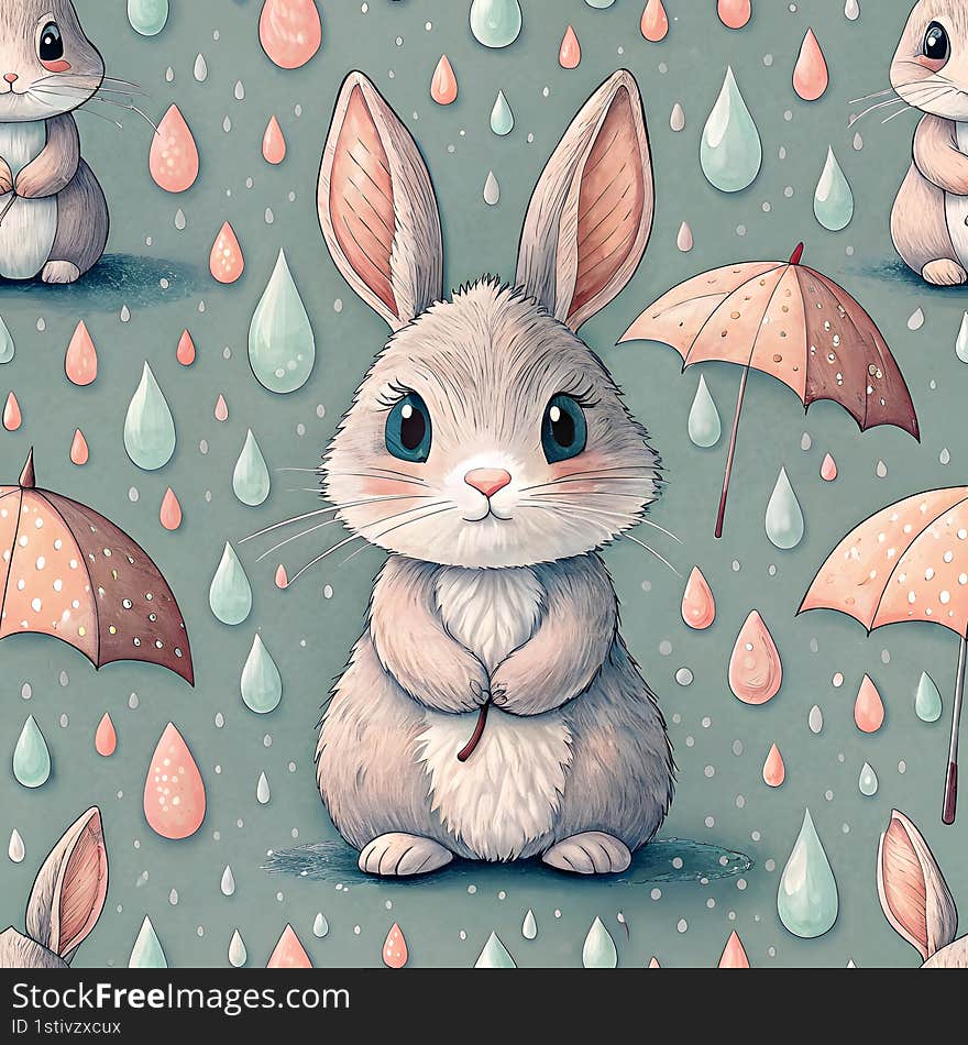 cute bunny rabbit seamless watercolor Cute bunny rabbit holding tiny umbrella, surrounded by raindrops