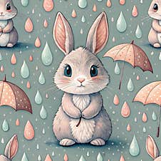 Cute Bunny Rabbit Seamless Watercolor Cute Bunny Rabbit Holding Tiny Umbrella, Surrounded By Raindrops Royalty Free Stock Image