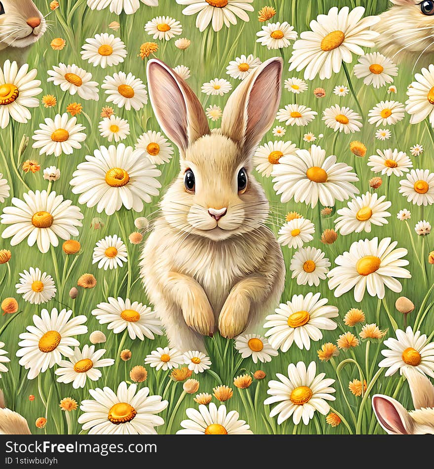 A cute bunny rabbit seamless watercolor cute bunny rabbit hopping through field of daisies, surrounded by flowers