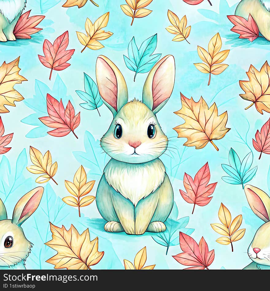 cute bunny rabbit seamless watercolor Cute bunny rabbit surrounded by colorful autumn leaves in seamless pattern