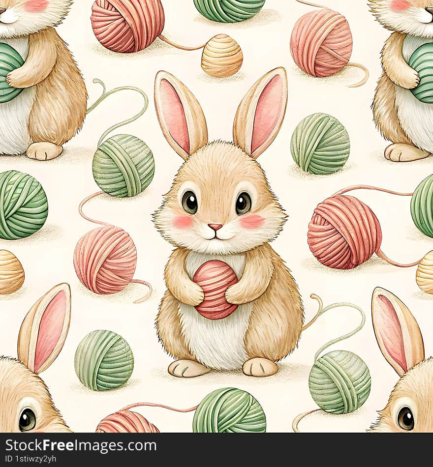 cute bunny rabbit seamless watercolor Cute bunny rabbit playing with colorful yarn balls in seamless pattern