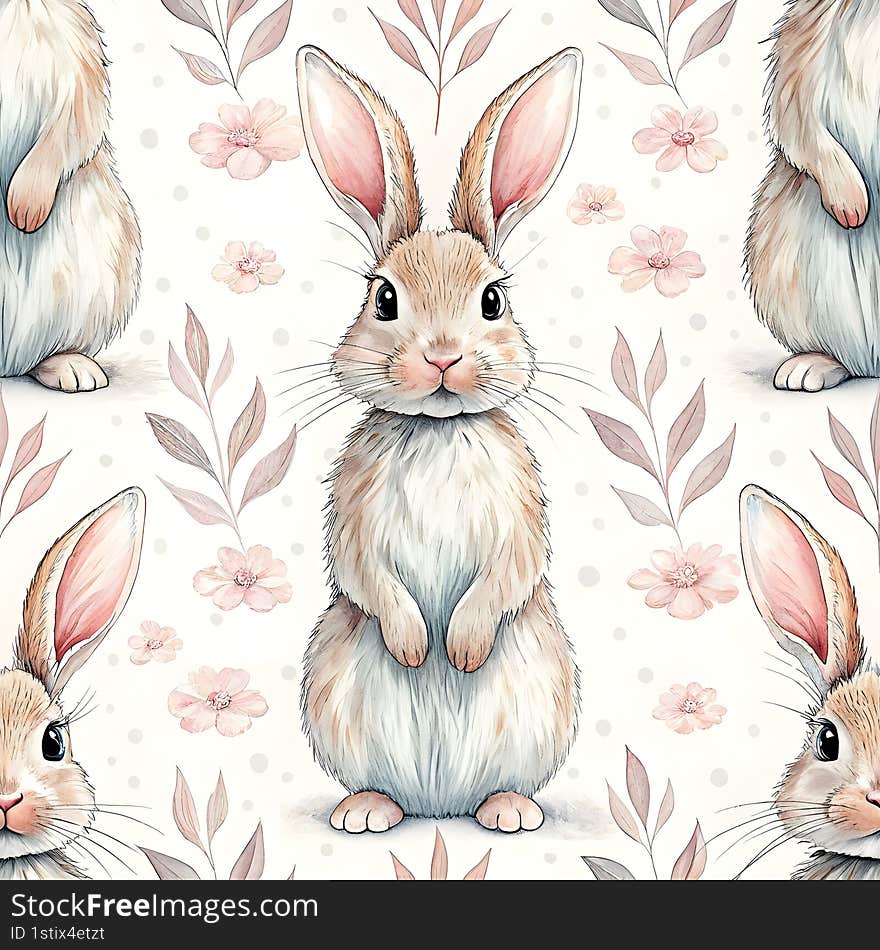 cute bunny rabbit seamless watercolor Cute bunny rabbit standing on its hind legs among flowers and leaves