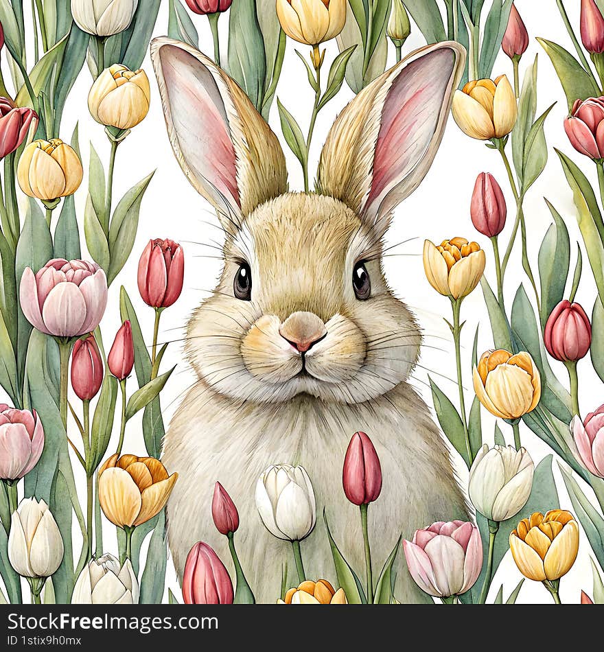 cute bunny rabbit seamless watercolor Cute bunny rabbit surrounded by colorful tulips in vibrant field