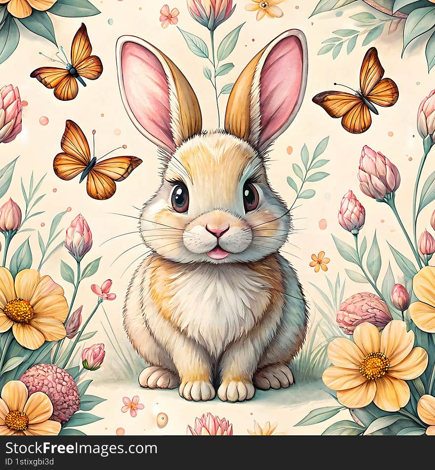 cute bunny rabbit seamless watercolor Cute bunny rabbit surrounded by flowers and butterflies, exuding joy