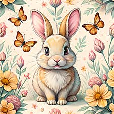 Cute Bunny Rabbit Seamless Watercolor Cute Bunny Rabbit Surrounded By Flowers And Butterflies, Exuding Joy Stock Photography