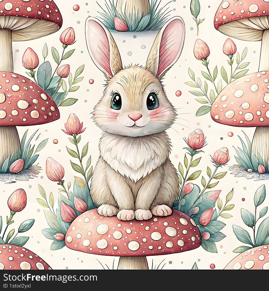 cute bunny rabbit seamless watercolor Cute bunny rabbit sitting on mushroom surrounded by flowers and greenery