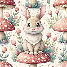 Cute Bunny Rabbit Seamless Watercolor Cute Bunny Rabbit Sitting On Mushroom Surrounded By Flowers And Greenery Royalty Free Stock Photos