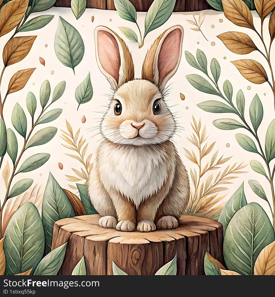 cute bunny rabbit seamless watercolor Cute bunny rabbit sitting on wooden log surrounded by leaves and plants