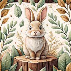 Cute Bunny Rabbit Seamless Watercolor Cute Bunny Rabbit Sitting On Wooden Log Surrounded By Leaves And Plants Royalty Free Stock Photo