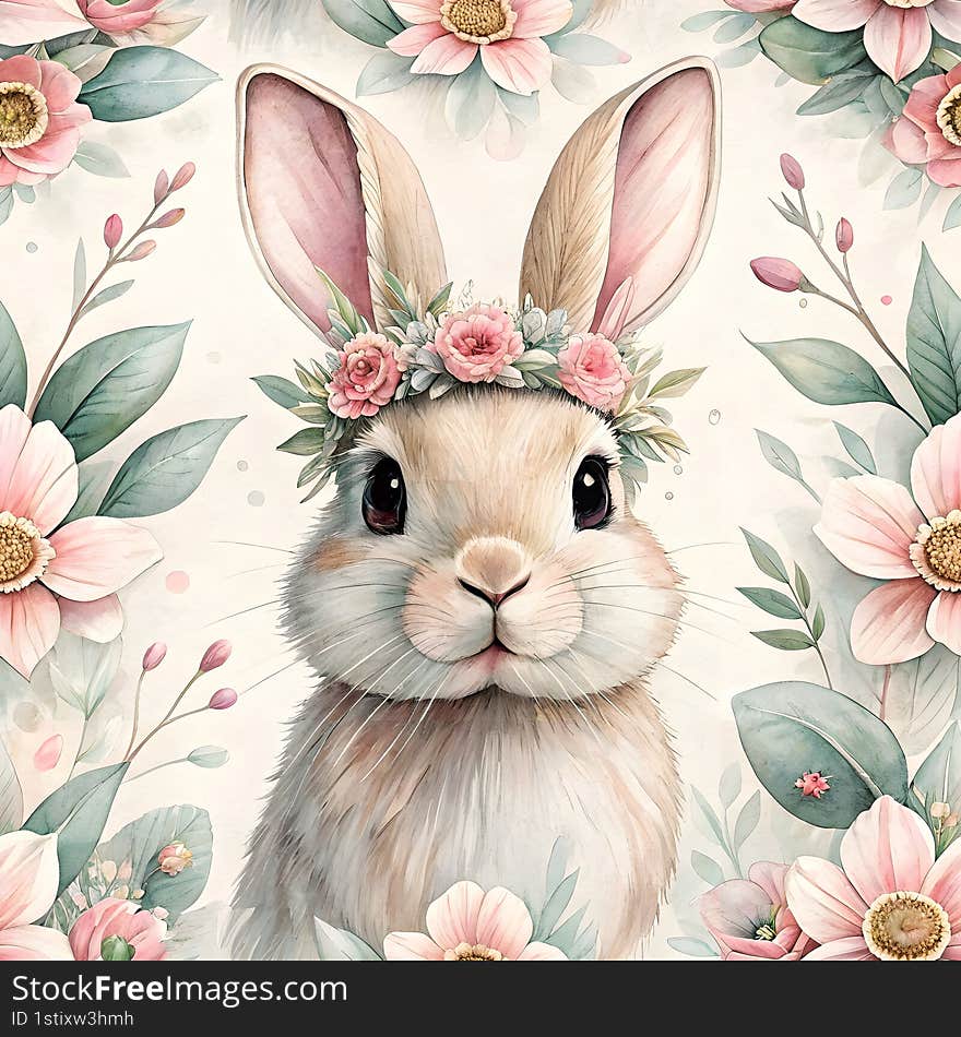 cute bunny rabbit seamless watercolor Cute bunny rabbit with flower crown surrounded by floral patterns