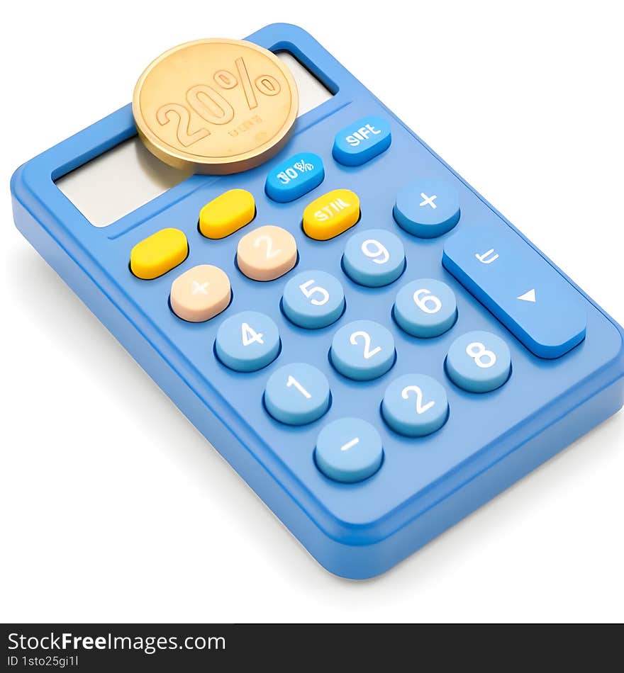 AI generated 3D blue calculator with yellow buttons and percentage coin, isolated on white background