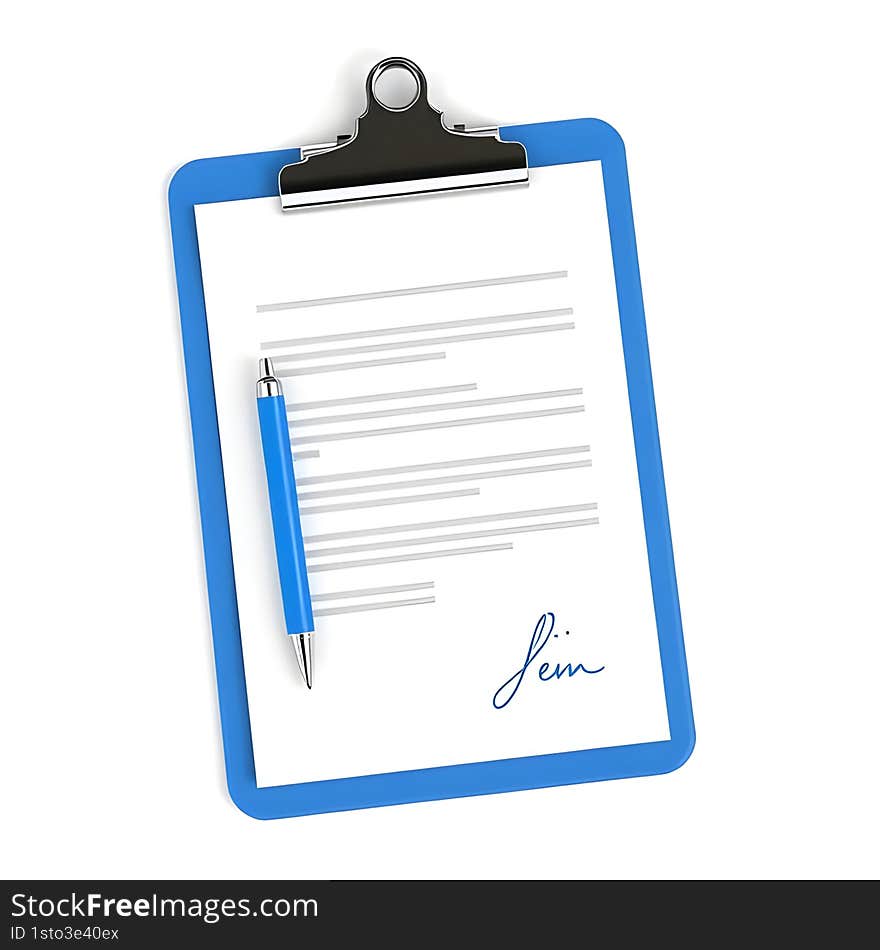 AI generated 3D illustration of a blue clipboard holding a signed document and a blue pen, symbolizing contracts, agreements, and paperwork in an office setting. AI generated 3D illustration of a blue clipboard holding a signed document and a blue pen, symbolizing contracts, agreements, and paperwork in an office setting