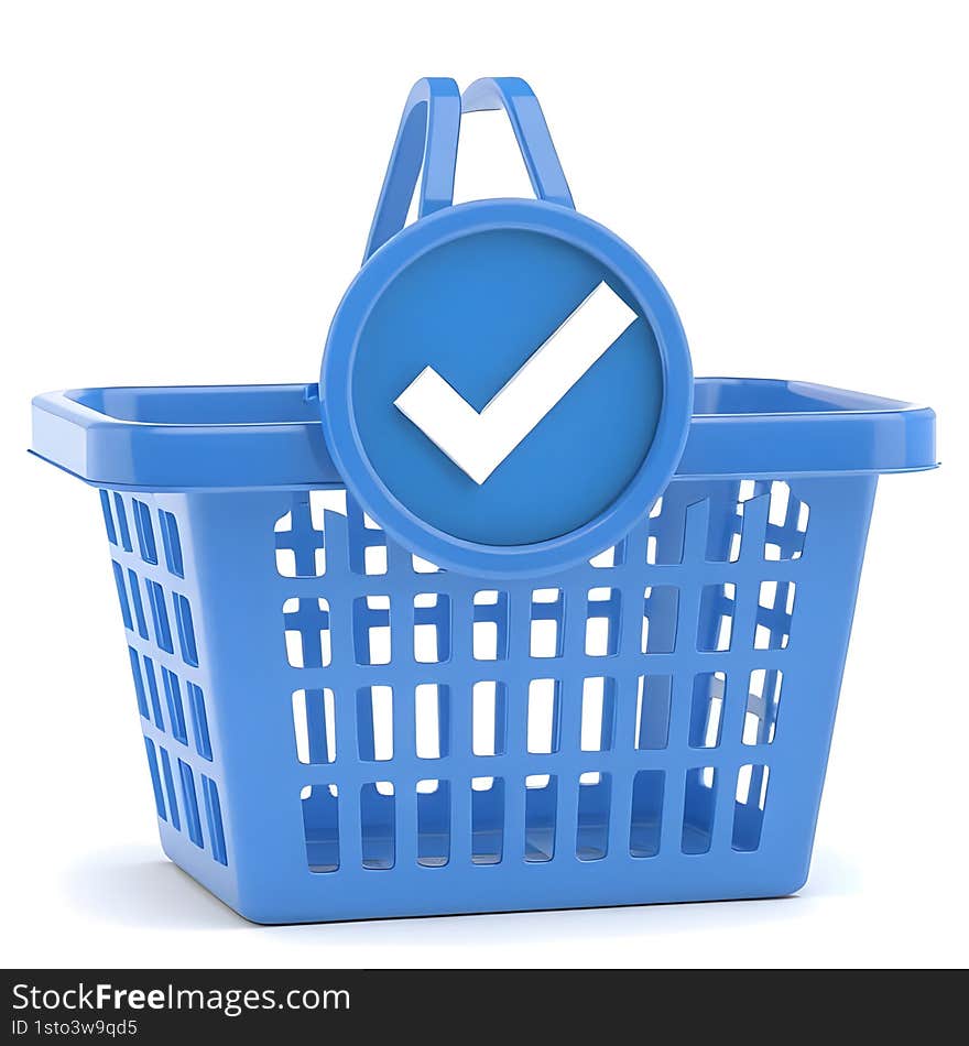 AI generated 3D blue shopping basket with checkmark speech bubble, isolated on white