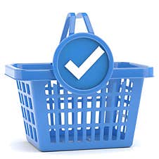 AI Generated 3D Blue Shopping Basket With Checkmark Speech Bubble, Isolated On White Royalty Free Stock Images