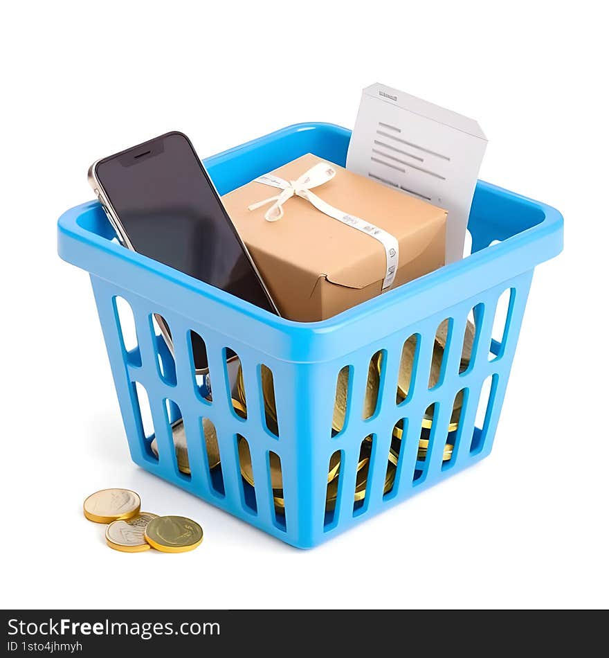 AI generated 3D blue shopping basket with phone, package, receipt, and coins