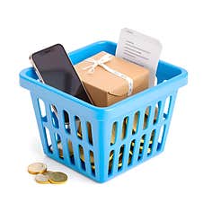 AI Generated 3D Blue Shopping Basket With Phone, Package, Receipt, And Coins Royalty Free Stock Photography