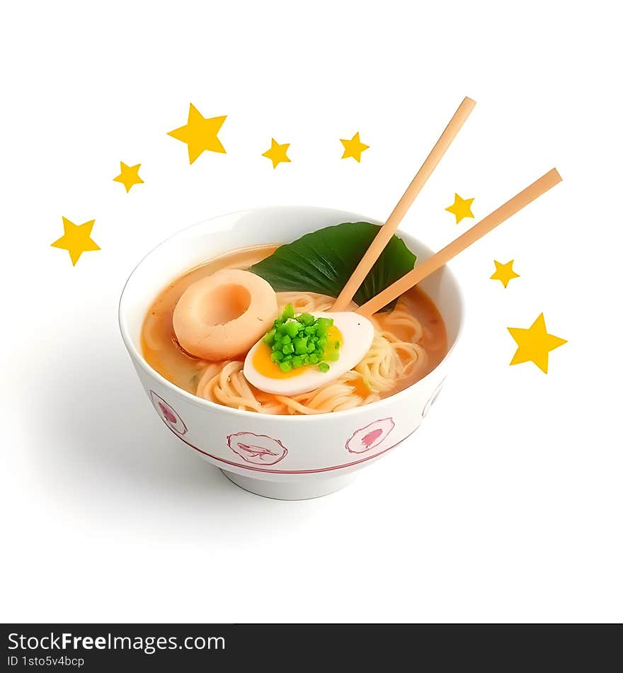 AI generated 3D bowl of ramen with chopsticks, egg, fish cake, and stars