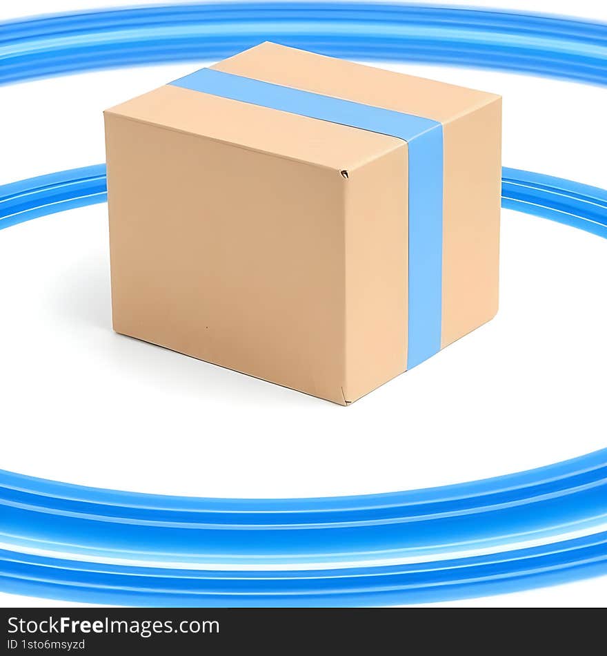 AI generated 3D illustration of a brown cardboard box sealed with tape and featuring blue speed lines, symbolizing fast shipping, delivery, and logistics. AI generated 3D illustration of a brown cardboard box sealed with tape and featuring blue speed lines, symbolizing fast shipping, delivery, and logistics