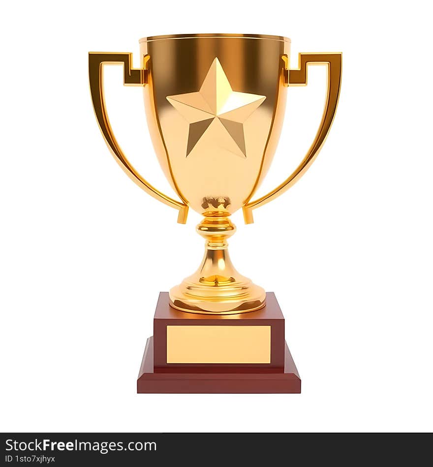 AI generated 3D gold trophy with star on a brown base, isolated on white