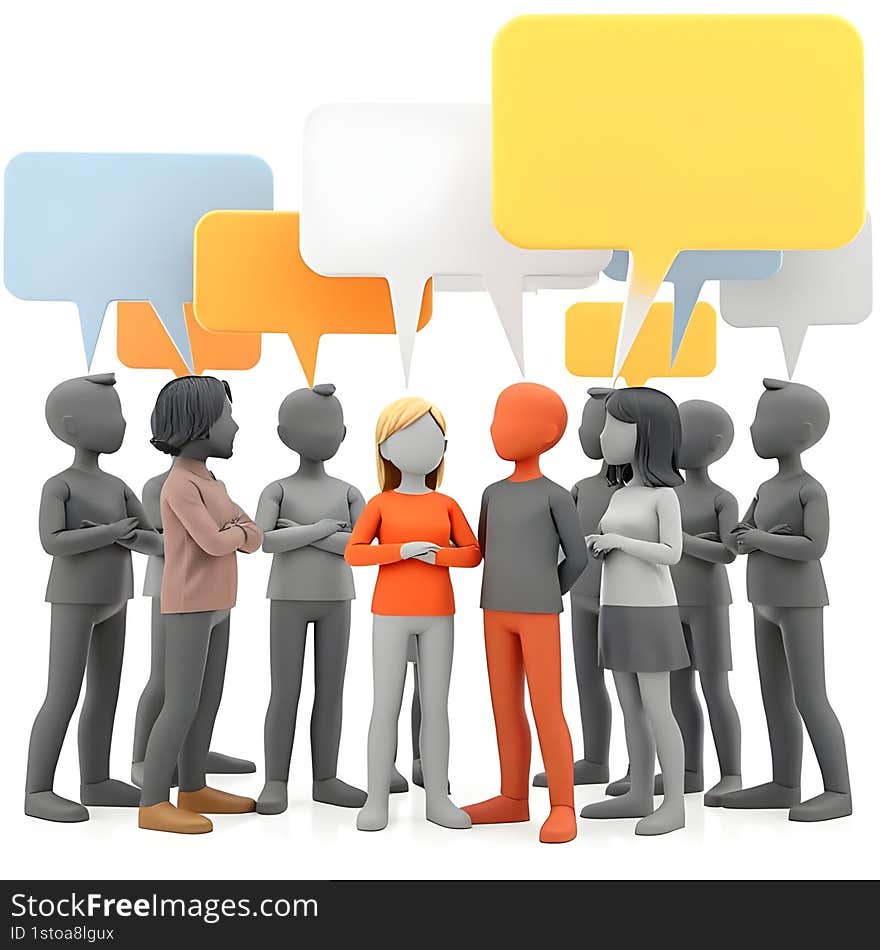 AI generated 3D rendering of stylized figures engaged in conversation with floating speech bubbles, representing discussion, social interaction, and networking, isolated on white background. AI generated 3D rendering of stylized figures engaged in conversation with floating speech bubbles, representing discussion, social interaction, and networking, isolated on white background