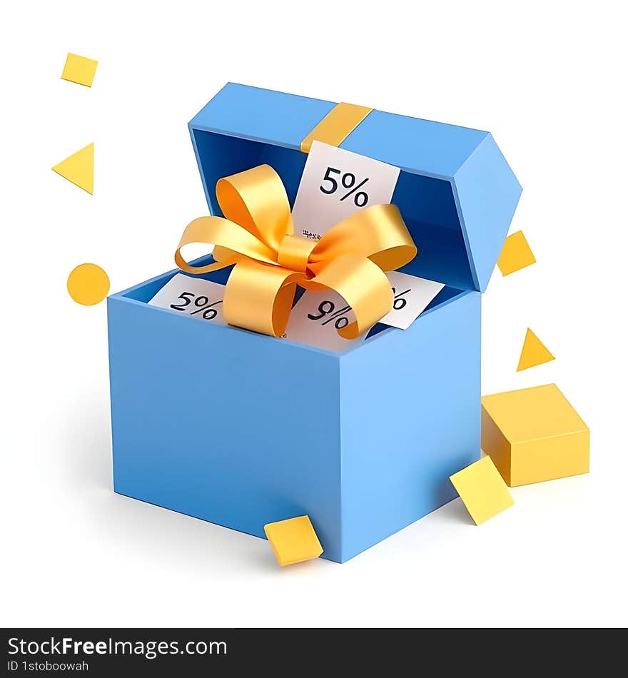 AI generated 3D concept of an open blue gift box with a decorative gold ribbon, percentage discount vouchers, and floating yellow shapes, symbolizing rewards, promotions, and special offers, isolated on white. AI generated 3D concept of an open blue gift box with a decorative gold ribbon, percentage discount vouchers, and floating yellow shapes, symbolizing rewards, promotions, and special offers, isolated on white