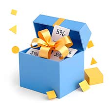 AI Generated 3D Open Blue Gift Box With Gold Ribbon, Discount Vouchers, And Floating Elements Stock Image