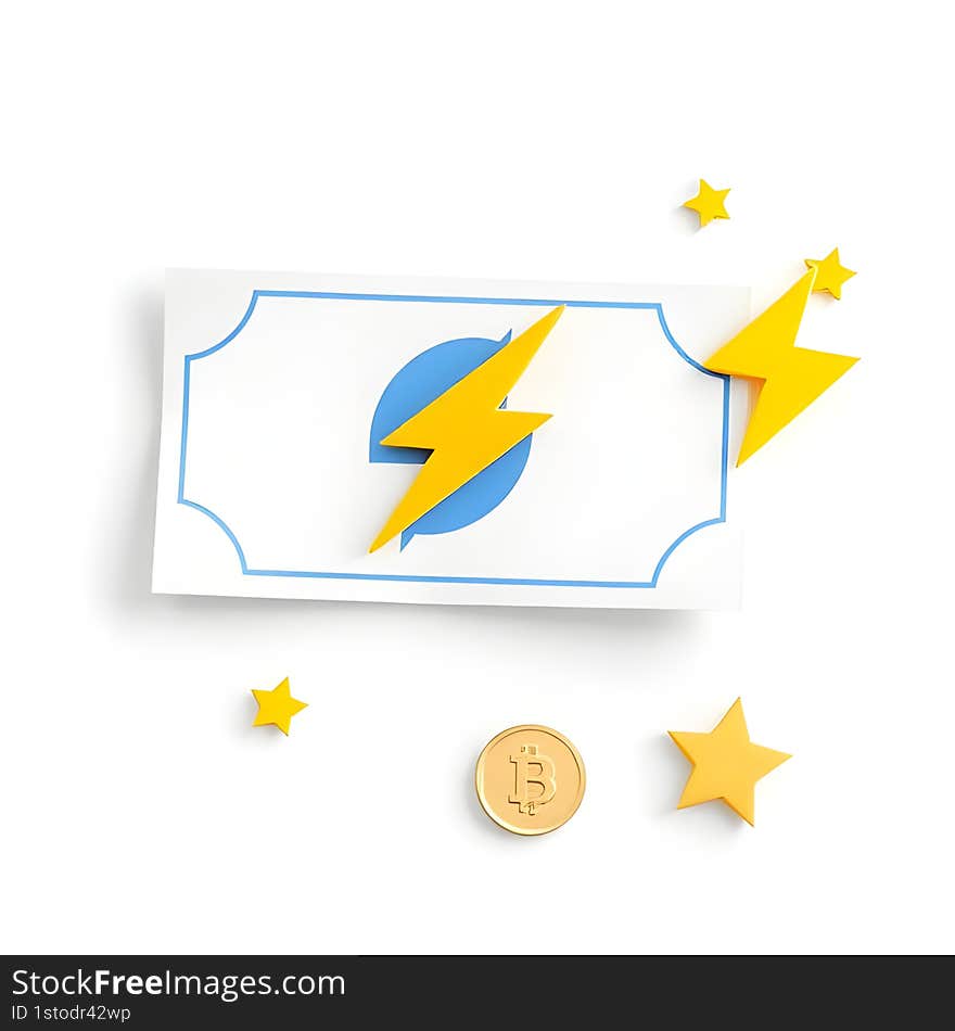 AI generated 3D rendering of a paper bill with blue lines, a yellow lightning bolt, gold coins, and stars, symbolizing fast financial transactions, payments, and digital finance, isolated on white. AI generated 3D rendering of a paper bill with blue lines, a yellow lightning bolt, gold coins, and stars, symbolizing fast financial transactions, payments, and digital finance, isolated on white