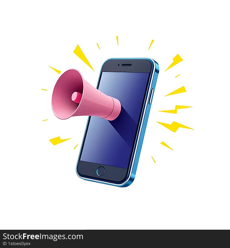 AI generated 3D concept of a modern smartphone with a megaphone and lightning bolts, representing digital marketing, online promotions, and social media advertising, isolated on a white background. AI generated 3D concept of a modern smartphone with a megaphone and lightning bolts, representing digital marketing, online promotions, and social media advertising, isolated on a white background