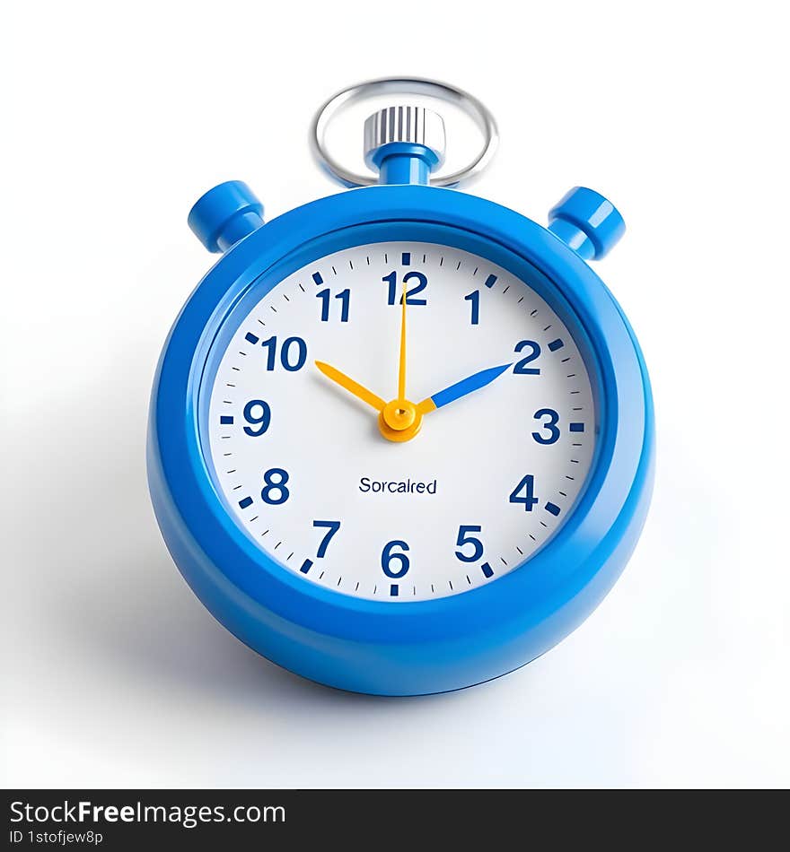 AI generated 3D rendering of a modern stopwatch featuring a blue body, white clock face, yellow hands, and blue accents, symbolizing time tracking, speed, and efficiency, isolated on white. AI generated 3D rendering of a modern stopwatch featuring a blue body, white clock face, yellow hands, and blue accents, symbolizing time tracking, speed, and efficiency, isolated on white