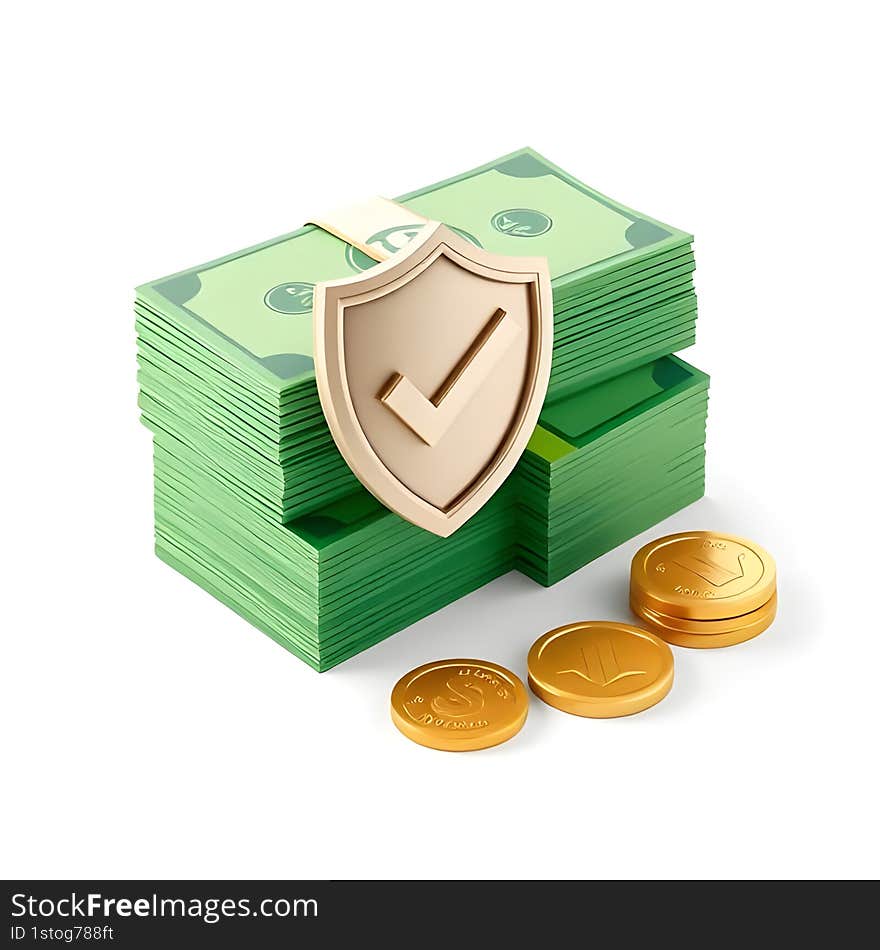 AI generated 3D stack of green money with a gold band, financial wealth concept