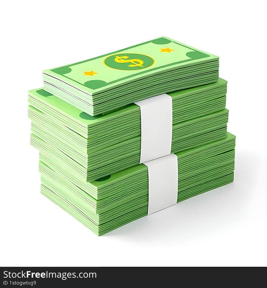 AI generated 3D money stack with white band and yellow stars, wealth and finance concept