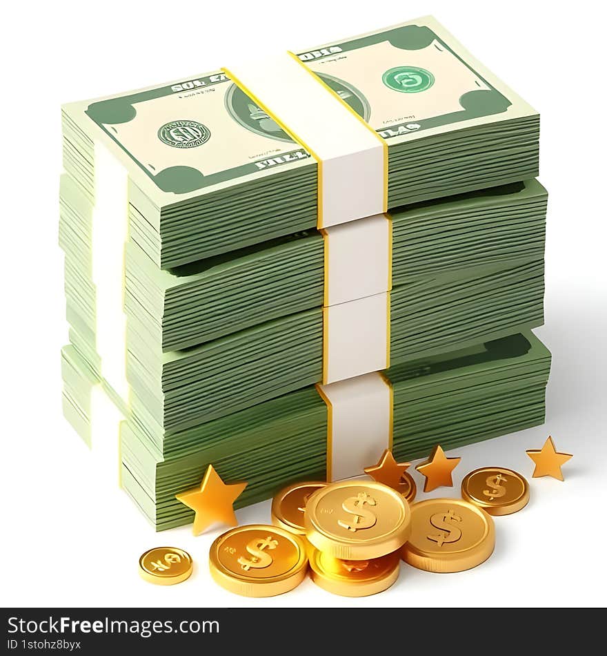 AI generated 3D stack of green money with band, gold coins, and stars, finance theme