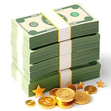 AI Generated 3D Stack Of Green Money With Band, Gold Coins, And Stars, Finance Theme Stock Photography