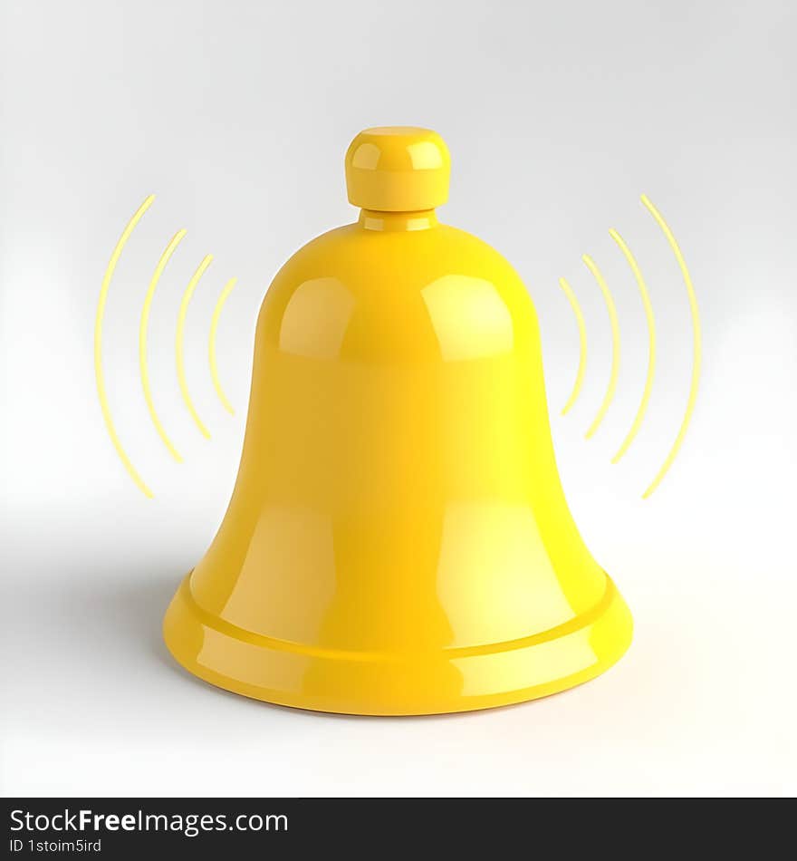 AI generated 3D illustration of a bright yellow bell emitting sound waves, representing notifications, alerts, and messaging on a clean white background. AI generated 3D illustration of a bright yellow bell emitting sound waves, representing notifications, alerts, and messaging on a clean white background