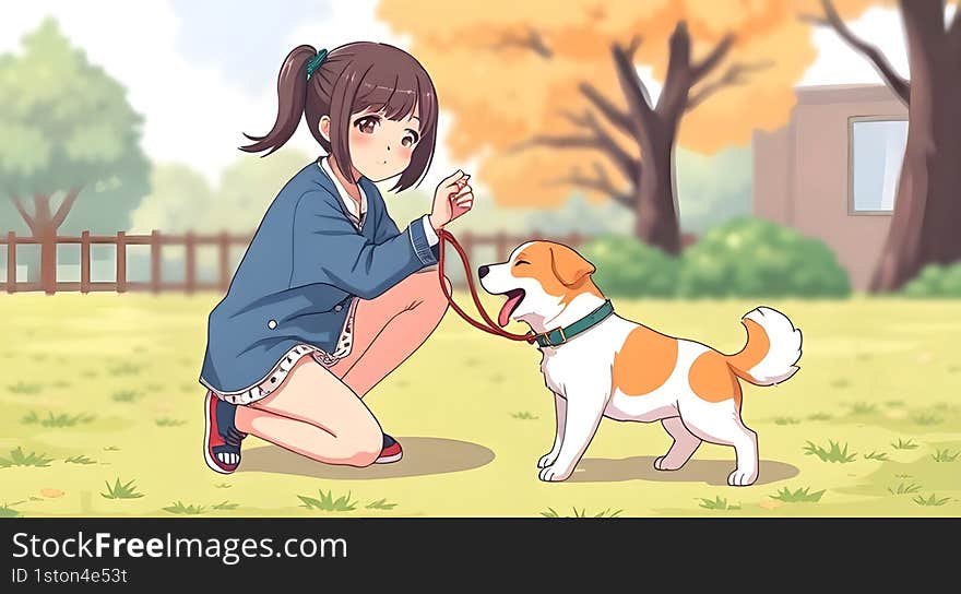 AI generated anime girl training a cute dog outdoors, playful and heartwarming moment