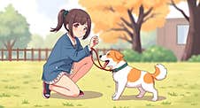 AI Generated Anime Girl Training A Cute Dog Outdoors, Playful And Heartwarming Moment Stock Images