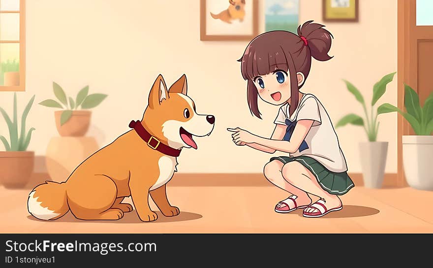 AI-generated anime-style girl training her dog in a cheerful pet interaction scene