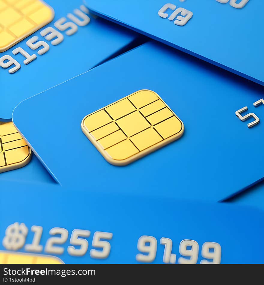 AI-generated 3D render of blue credit cards with gold chips and embossed details