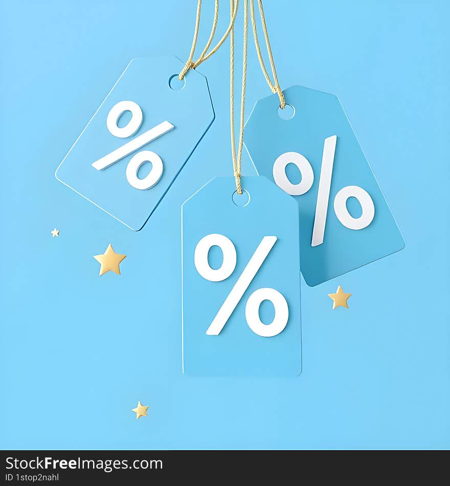 AI-generated 3D render of blue discount tags with percentage icon and floating stars