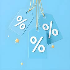 AI-generated 3D Render Of Blue Discount Tags With Percentage Icon And Floating Stars Stock Photo