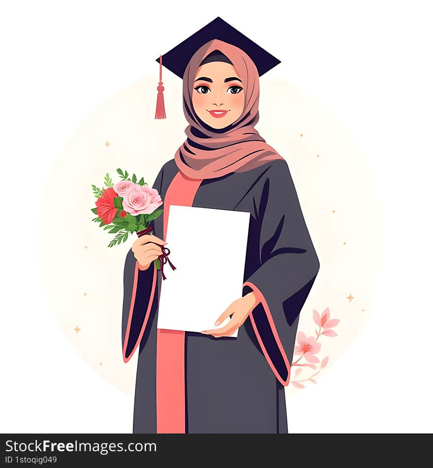 AI-generated elegant  of a proud Muslim graduate woman with diploma