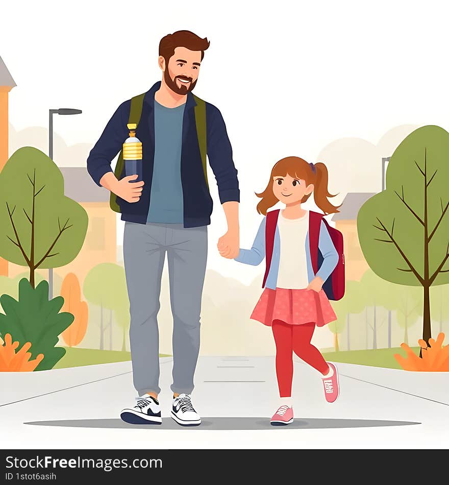 AI-generated flat  of a father escorting his daughter to school